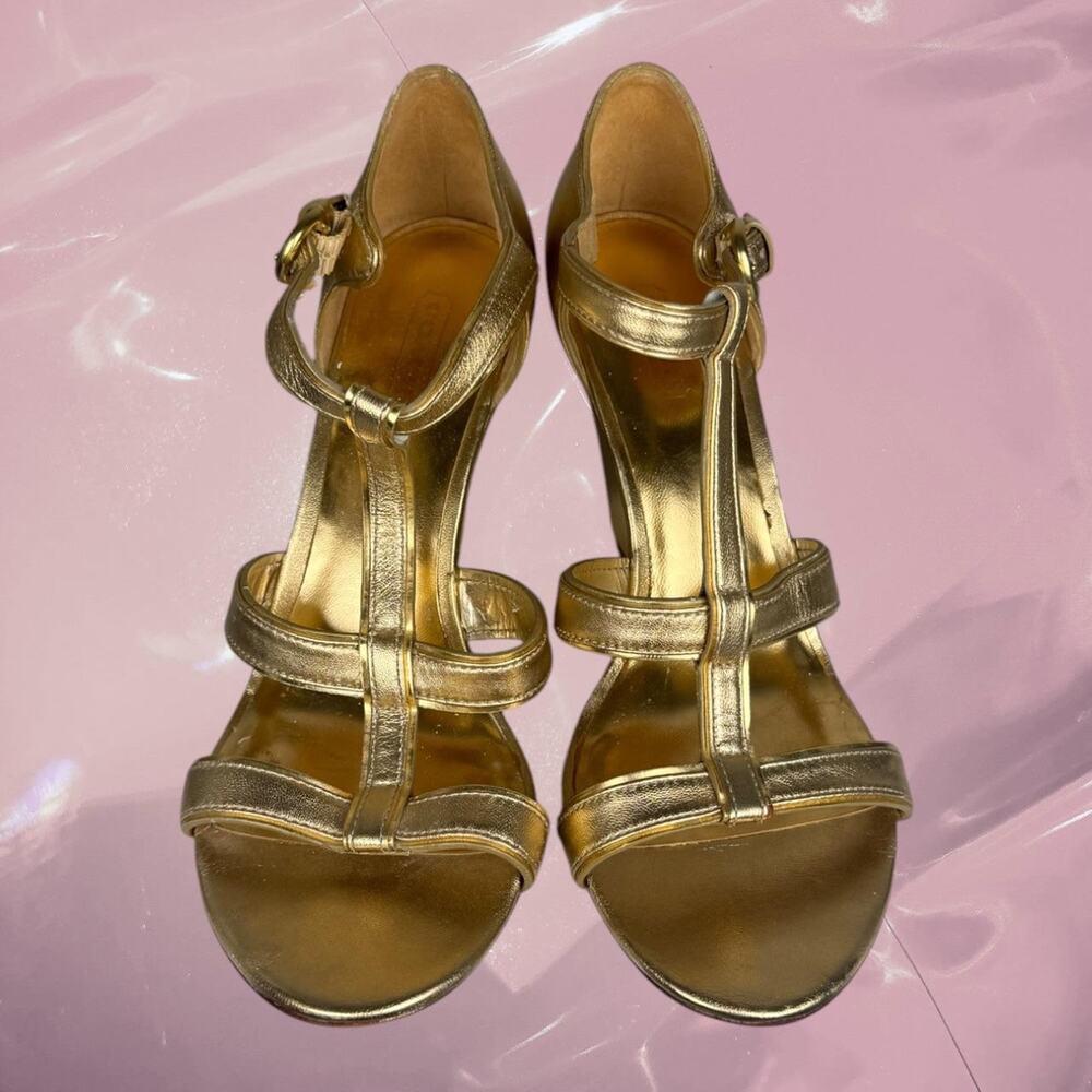 Y2K Whimsy Coach gold wedge strappy sandals - Picture 1 of 8